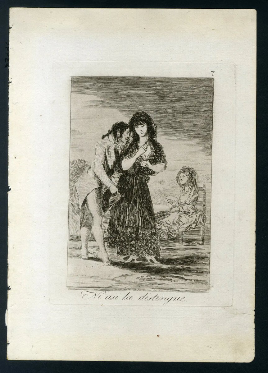 El grabado n°7, titulado 'Ni así la distingue', muestra a un hombre inclinándose con interés hacia una joven. Ilustrando que, pese a la cercanía, no logra percibir su verdadera naturaleza. Criticando la ceguera moral de quienes se engañan por las apariencias. #Goya #LosCaprichos