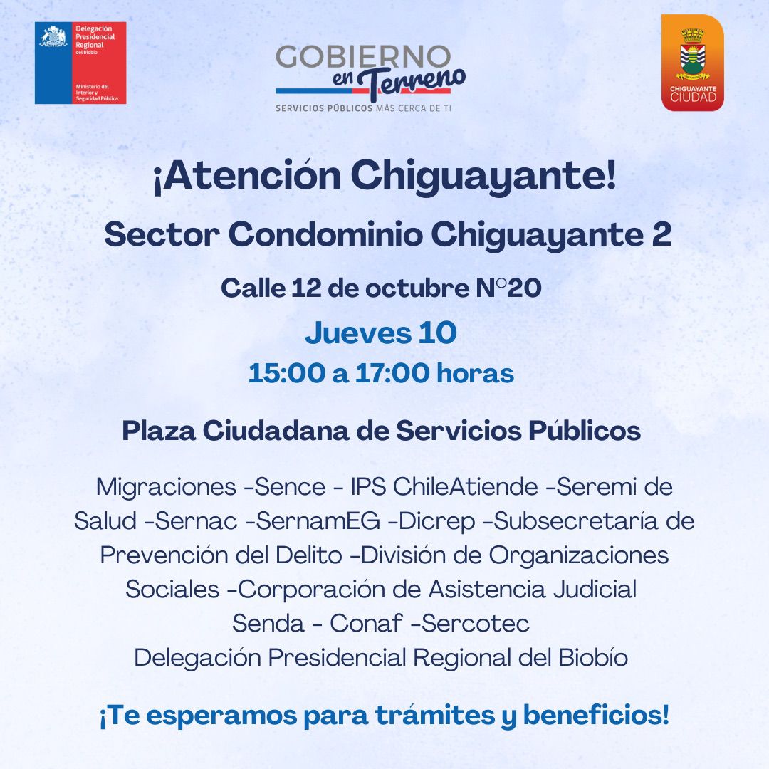 ¡Atención vecinas y vecinos de #Chiguayante! 📣✨

Mañana tendremos una Feria Ciudadana de Servicios Públicos en el Sector Condominio Chiguayante 2 🏡.

Los diversos Servicios Públicos estarán realizando trámites y respondiendo tus consultas 📄

¡Nos vemos de 15:00 a 17:00!🎉🕒
