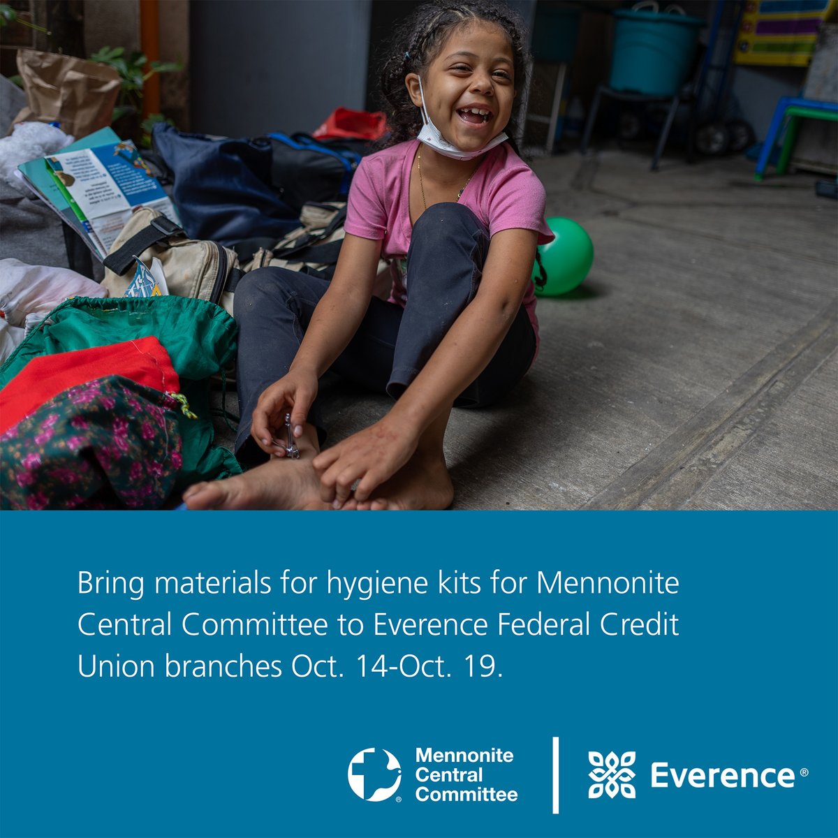For #CUKindDay (Oct. 14), Everence Federal Credit Union is partnering with <a href="/mccpeace/">Mennonite Central Committee</a> to collect hygiene kits for families in crisis.

From Oct. 14 to Oct. 19, EFCU branches will serve as drop-off locations for essential hygiene kits. See needed items at evrnce.com/6b34fb