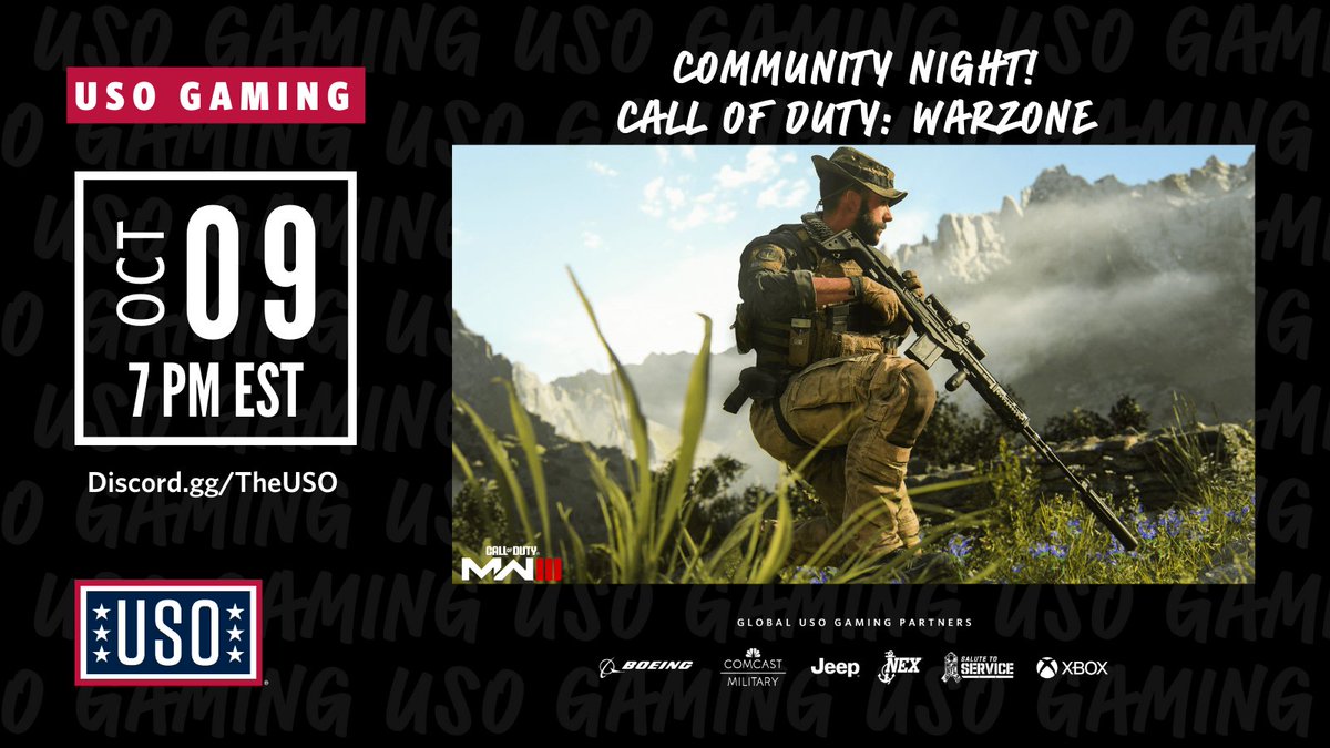 Warzone Community Night is BACK! 

Tonight we're forming up and dropping into the Warzone. If you're seeing this message, then you are invited! 

Look for the Community Night channel in the USO Gaming Discord at 7 PM EST 😎