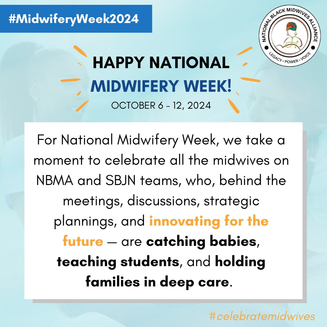 National Black Midwives Alliance (@black_midwives) on Twitter photo Happy National Midwifery Week (Oct. 6-12, 2024)!🌟 Created by <a href="/ACNMmidwives/">American College of Nurse-Midwives</a>, NMW celebrates and highlights the powerful work of midwives and the care they bring to our communities. 🙌🏾💜 #MidwiferyWeek2024 #celebratemidwives #midwiveslookingtothefuture #futureofmidwifery Happy National Midwifery Week (Oct. 6-12, 2024)!🌟 Created by <a href="/ACNMmidwives/">American College of Nurse-Midwives</a>, NMW celebrates and highlights the powerful work of midwives and the care they bring to our communities. 🙌🏾💜 #MidwiferyWeek2024 #celebratemidwives #midwiveslookingtothefuture #futureofmidwifery