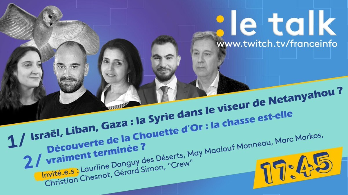 franceinfo's tweet photo. C’est maintenant dans le Talk de franceinfo sur Twitch ! De 18h à 20h, on fait le bilan de la guerre au Proche-Orient, un an après l’attaque terroriste du 7 octobre, puis on refait le film de la découverte rocambolesque de la Chouette d’Or avec des https://t.co/irkhzKvJPn … https://t.co/mXO55iphtd