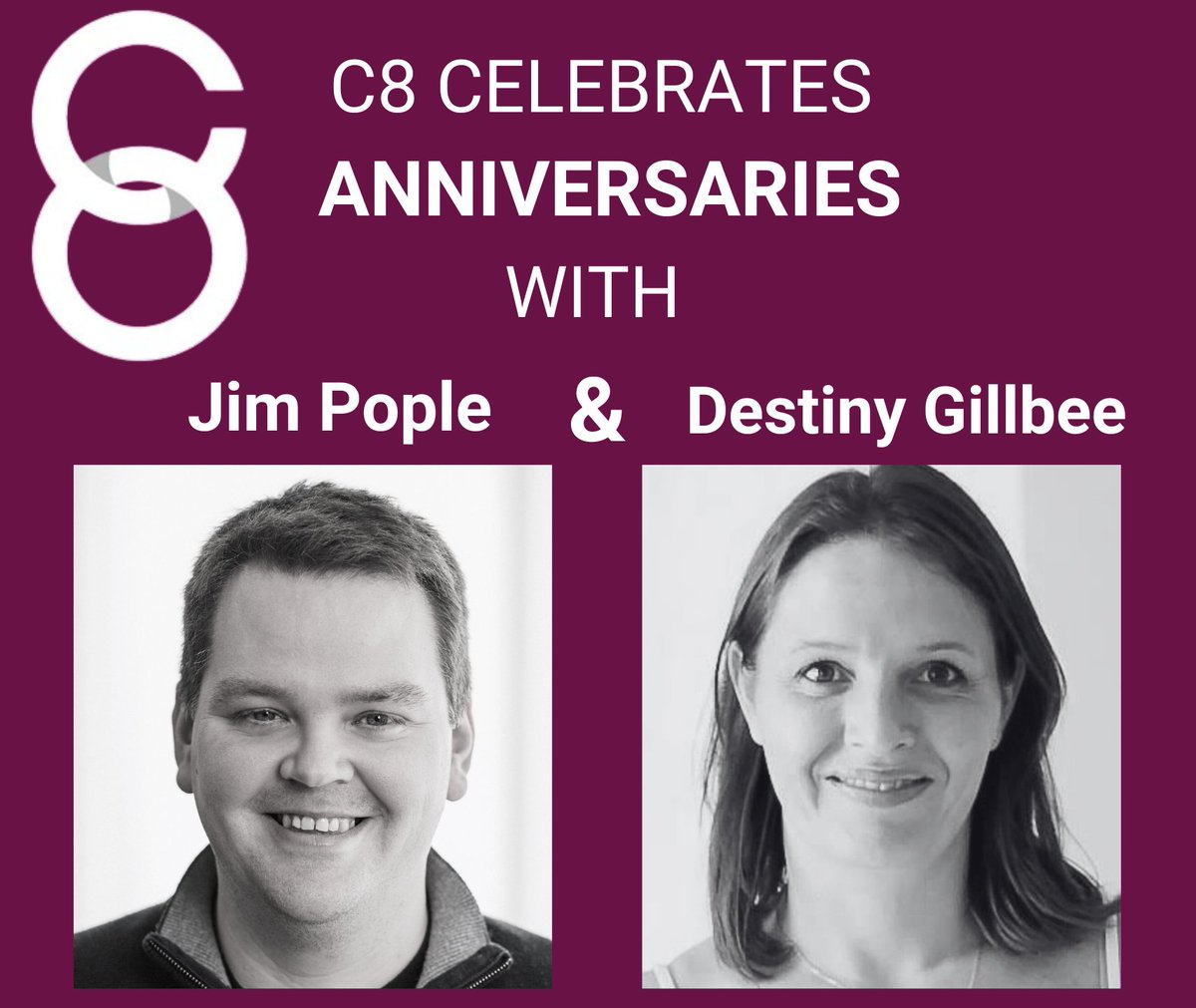 Congratulations to two of our esteemed PR Directors who are celebrating work anniversaries this month. 

Jim Pople celebrates six successful years at C8 and Destiny Gillbee celebrates her 1-year anniversary!🎉