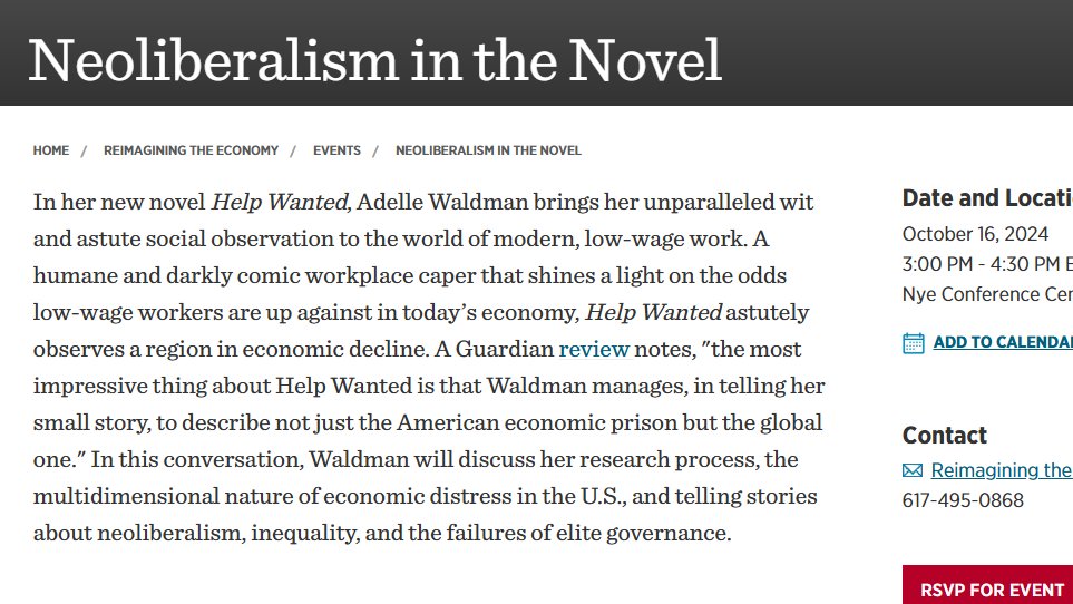 Kudos to <a href="/rodrikdani/">Dani Rodrik</a> 's "Reimagining the Economy" project for broadening the view beyond economists and policy makers to novelists like <a href="/adellewaldman/">Adelle Waldman</a>