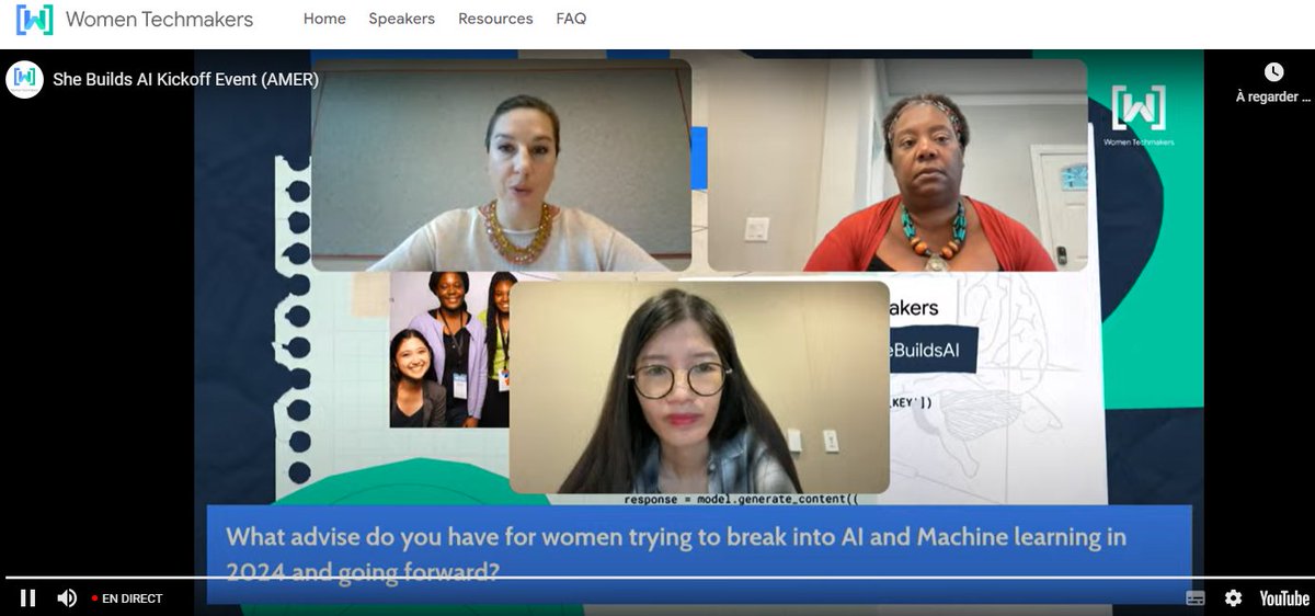 #SheBuildsAI is happening just now don't miss it! 🥳

<a href="/WomenTechmakers/">Women Techmakers</a> 
<a href="/WTMParis/">Women Techmakers Paris & Global Friends</a> 
#ExperienceAI
