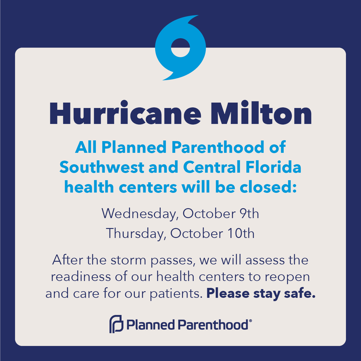 Due to anticipated impacts from #HurricaneMilton, our Health Centers will be closed Wednesday (10/9) through Thursday (10/10). Lakeland, St. Pete, and Naples will additionally be closed Friday (10/11). Please check this page for updates: plannedparenthood.org/planned-parent…