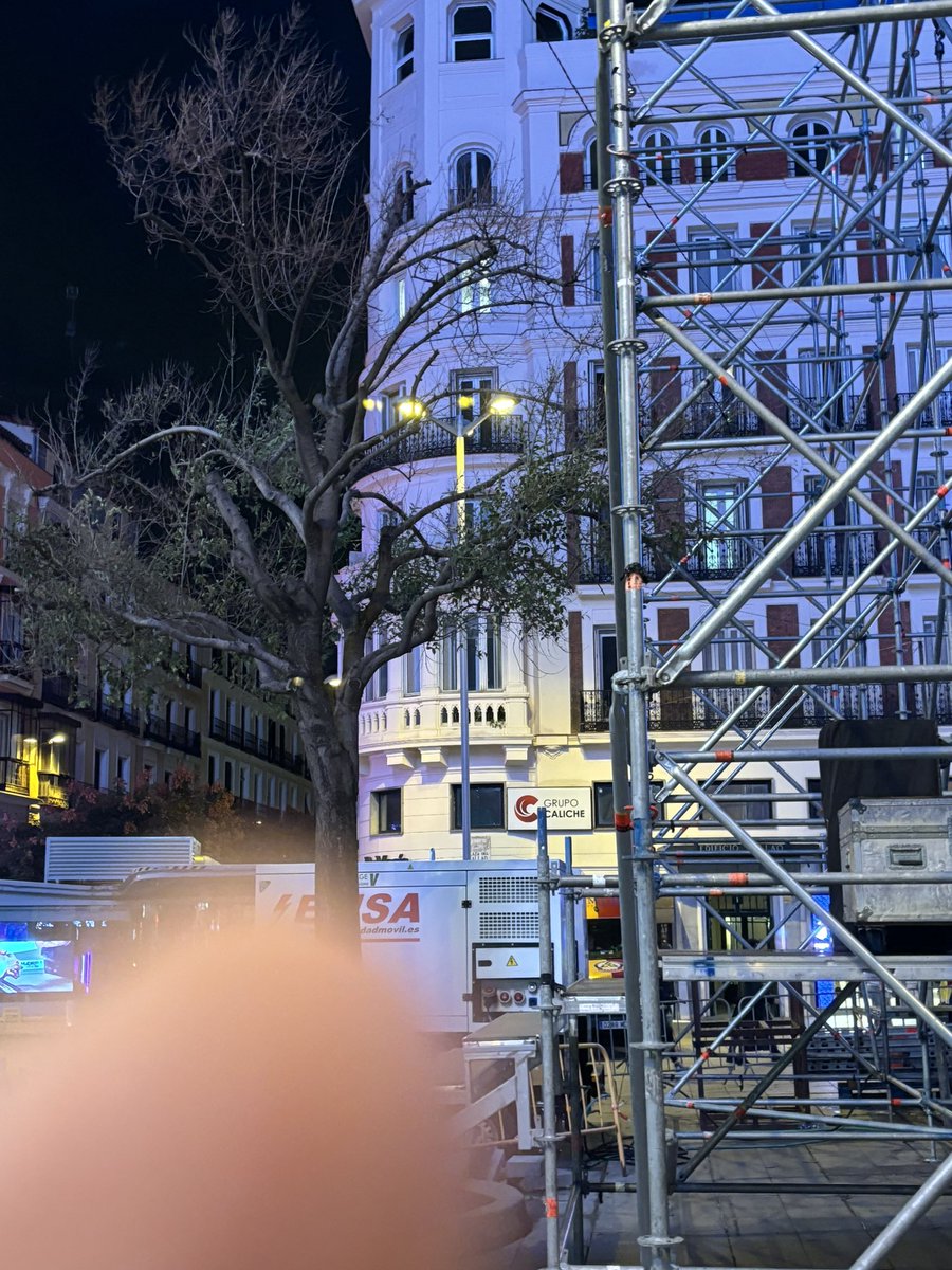 Otro arboricidio con beneplácito de Almeida: el espacio de la
copa del único árbol de cierto porte en Callao invadido por unos andamios, ramas entre los andamios, complicado montar eso así sin dañar el maltrecho árbol… 

¡Desmontad eso YA! #Noalatala