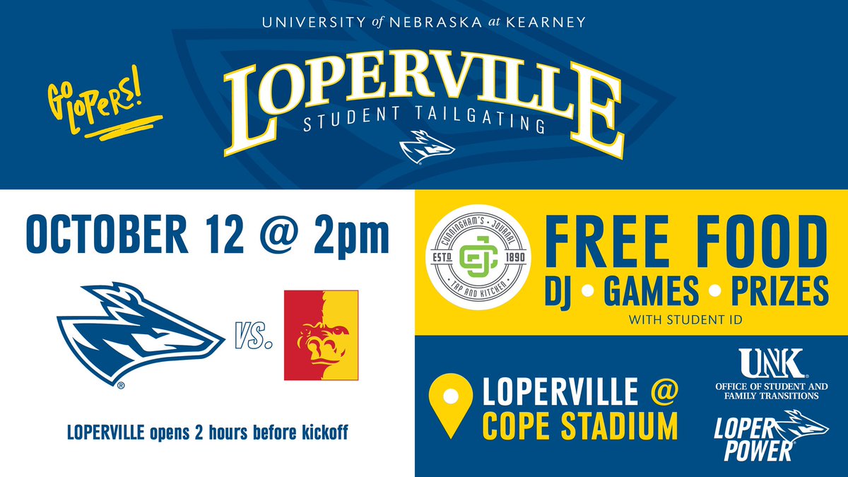 UNK Athletics (@unk_athletics) on Twitter photo ‼️LOPERVILLE STUDENT TAILGATE ‼️
- Students wear your best western outfit & don’t miss out on a free meal and music before the <a href="/UNK_Football/">UNK Football</a> game this weekend!!
Thank you to <a href="/cunninghamspub/">Cunninghams Journal</a> for sponsoring our Student Tailgate!
GAME THEME: Hoedown Throwdown ‼️LOPERVILLE STUDENT TAILGATE ‼️
- Students wear your best western outfit & don’t miss out on a free meal and music before the <a href="/UNK_Football/">UNK Football</a> game this weekend!!
Thank you to <a href="/cunninghamspub/">Cunninghams Journal</a> for sponsoring our Student Tailgate!
GAME THEME: Hoedown Throwdown