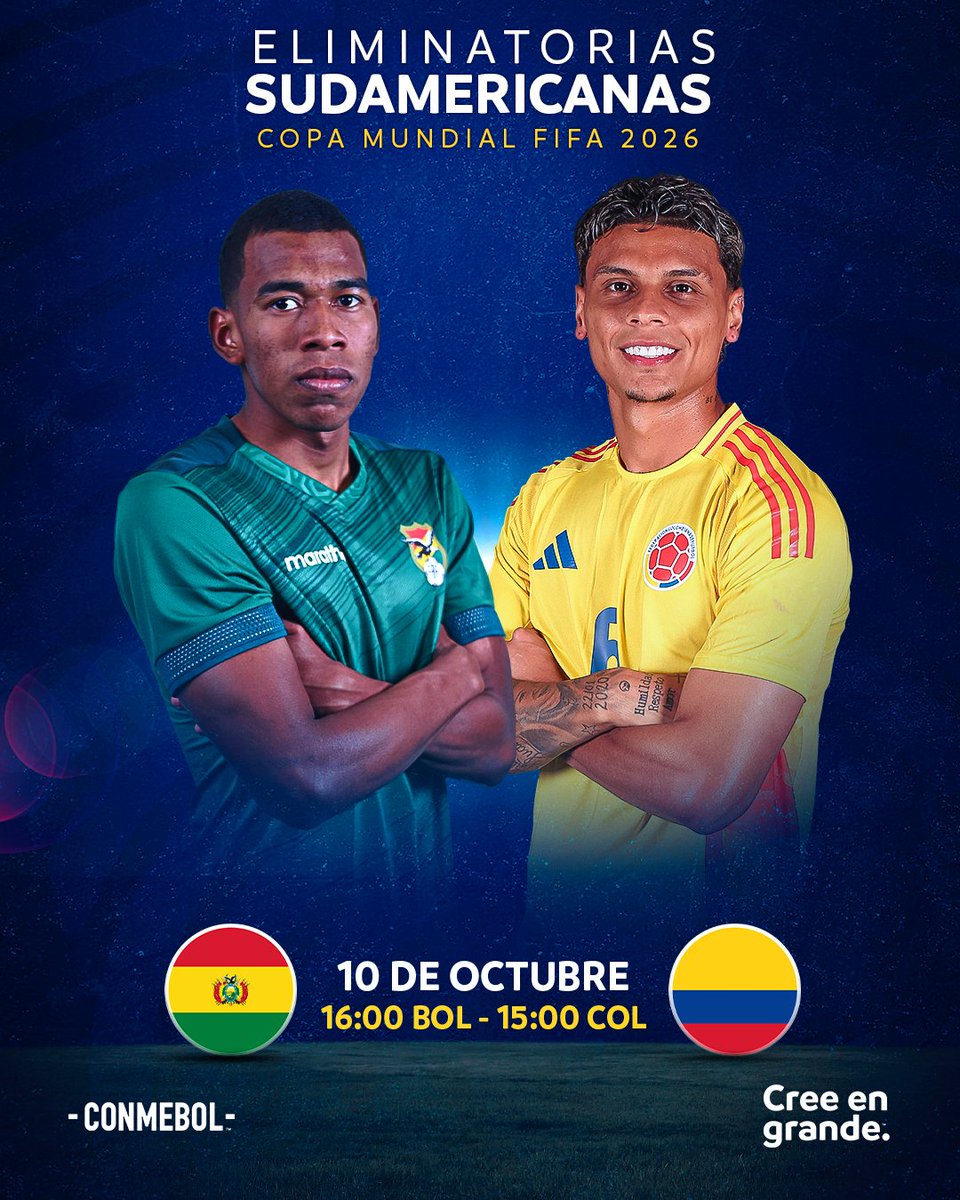 Los dos vienen de ganar y quieren seguir de racha 😀

<a href="/laverde_fbf/">LA VERDE 🇧🇴</a> vs. <a href="/FCFSeleccionCol/">Selección Colombia</a> 🇧🇴⚽️🇨🇴

#EliminatoriasSudamericanas