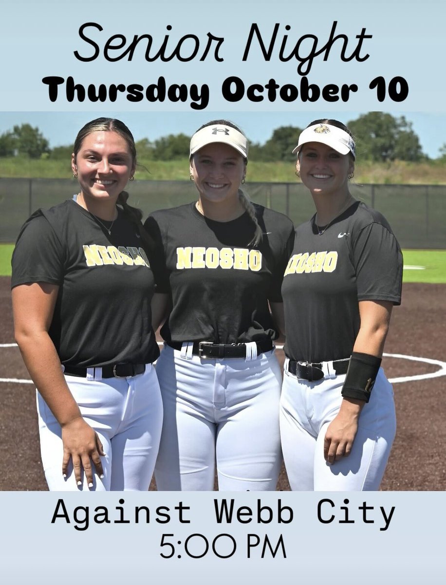 Neosho Softball (<a href="/NeoshoHS_SB/">NHS Softball 🥎</a>)     Senior night. 
October 10 @ 5:00 PM against Webb City. 
Come celebrate Carleigh Kinnaird, Avyn Blair and Beclynn Garrett 🐾💛🖤🥎