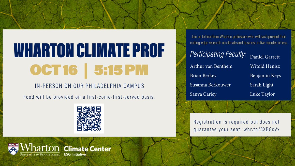 Happy Climate Month!

<a href="/Penn/">Penn</a> students, faculty, and staff are invited to join us on 10/16 for 2024 Wharton Climate Prof, during #ClimateWeekatPenn. <a href="/Wharton/">The Wharton School</a> professors will present research on #climate and #business in five minutes or less: whr.tn/3XWHEmt

#WhartonESG