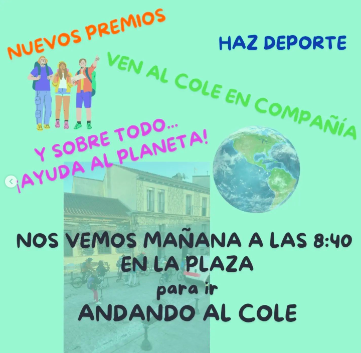 ¡Vuelve la movilidad sostenible! Mañana jueves 10 de octubre nos reunimos en la Plaza del Ayuntamiento para ir andando al cole .🚶‍♀️🚶🚶‍♂️

Una forma divertida de decirle al mundo que nos importa nuestro futuro en el planeta y que necesitamos su protección. 🌍🫶