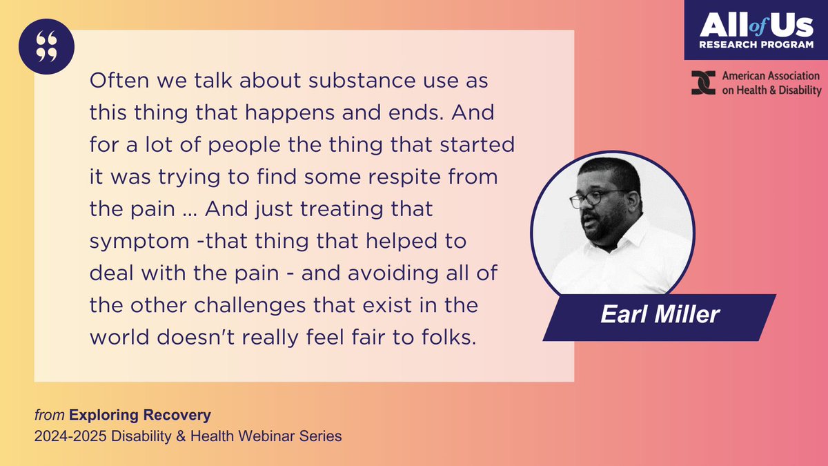 What does holistic care look like for recovery? In a recent panel hosted by @aahd1, two experts shared their perspectives on peer support and emerging practices in recovery care. Be part of improving health research on recovery with <a href="/AllofUsResearch/">AllofUsResearch</a>: bit.ly/AllofUsInclusi…