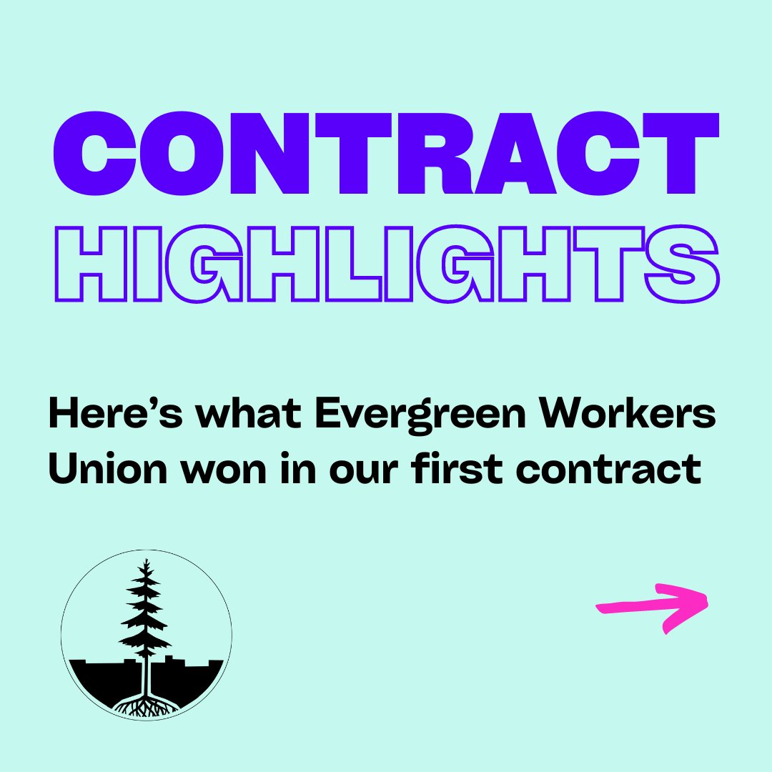 evergreen_union's tweet photo. Evergreen Workers Union members are celebrating the one-year anniversary of our first contract. 🎉

Raises for EVERY union member, eliminating religious holidays, expanded protections for workers who are immigrants to the U.S.—just a few highlights from our contract! https://t.co/SVijLJpTa4