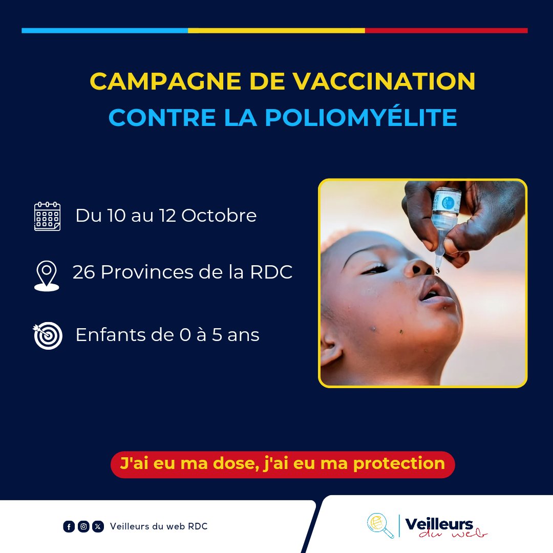 veilleursduweb's tweet photo. Du 10 au 12 octobre, le @MinSanteDRC lancera une campagne de vaccination contre la polio sur toute l'étendue de la RDC pour vacciner tous les enfants de moins de 5 ans pour certaines provinces et jusqu'à 15 ans pour le Haut-Katanga, Haut-lomami et Tanganyika.

#StopPolioRDC https://t.co/AmCbHQpb5W