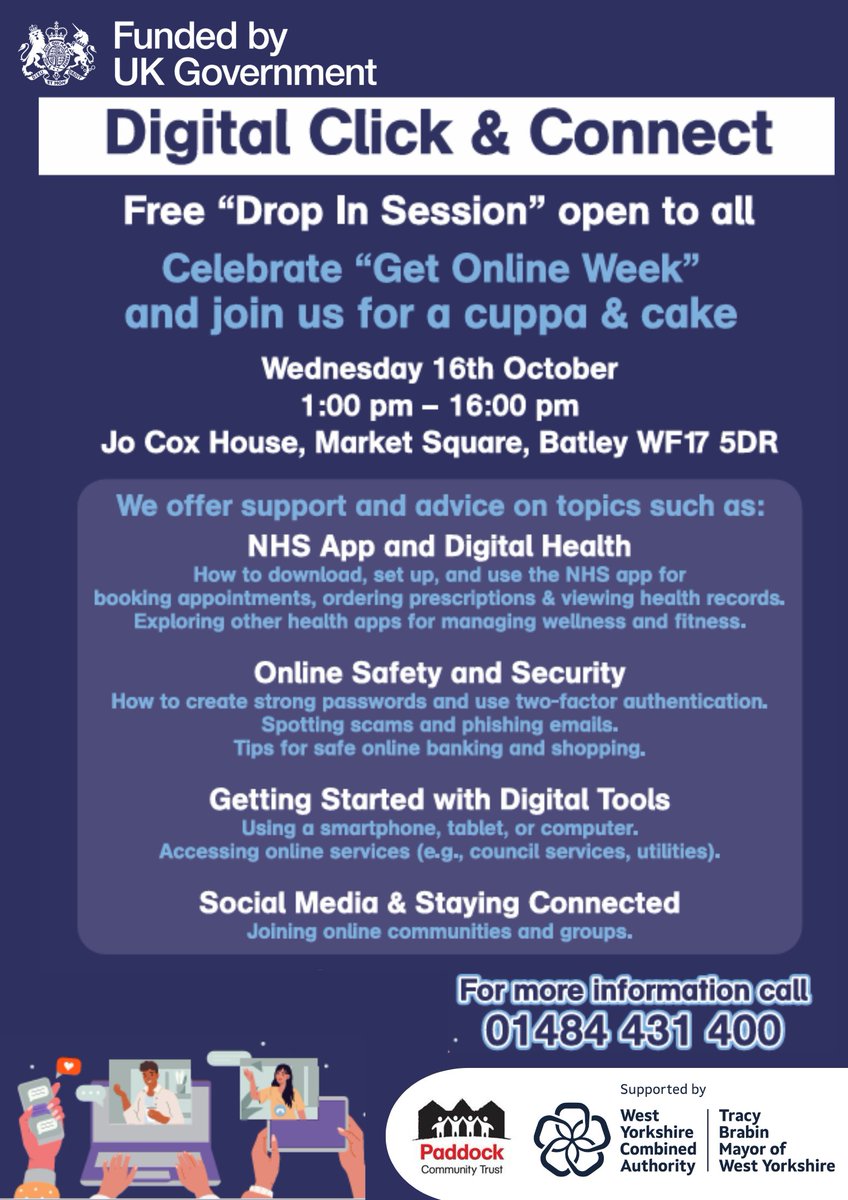 🍰📱 Join us for “Digital Click &amp; Connect” during Get Online Week! 📱🍰

Learn to get started with digital tools, and connect with others – all while enjoying a cuppa and cake! ☕💻

🗓 Wed 16th Oct 🕒 1pm - 4pm📍 Jo Cox House, Batley
#GetOnline #DigitalSkills #StayConnected