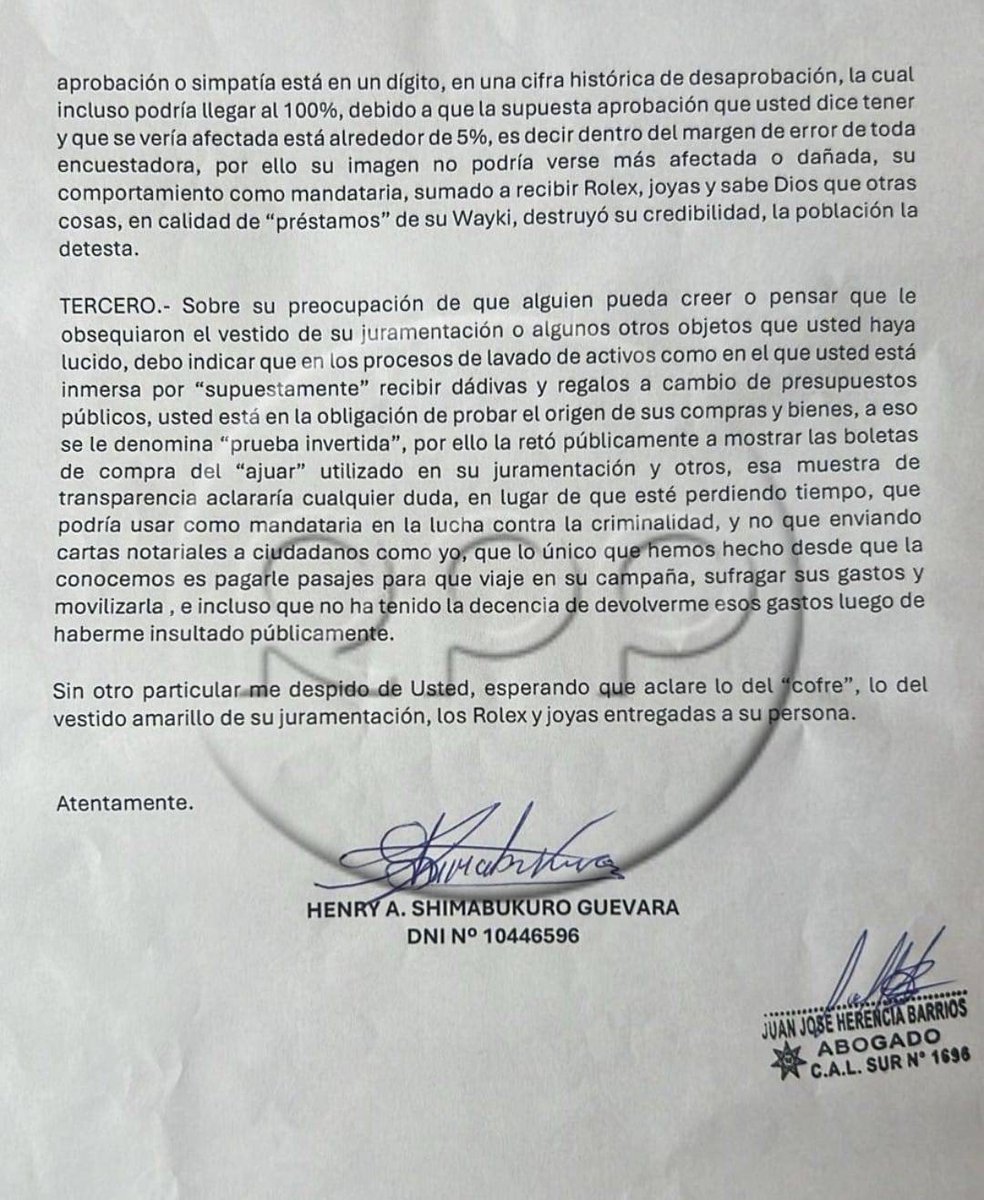 KikesitoVH's tweet photo. #OJO A través de una carta abierta, Henry Shimabukuro se ratificó en que Andres Hurtado Chibolin le regaló un vestido a Dina Boluarte y le pidió que demuestre mediante comprobantes, que ella compró dicho artículo https://t.co/8lFxLqoAYo