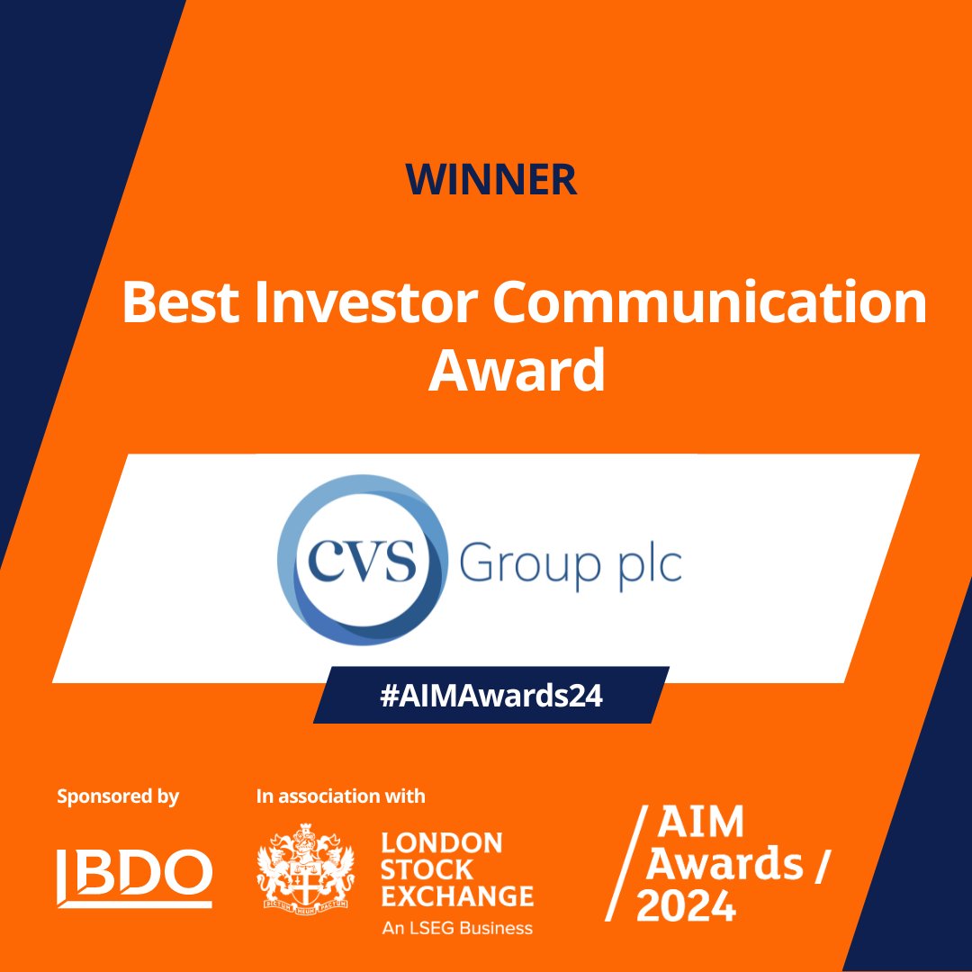 Huge congratulations to tonight's first <a href="/AIM_Awards/">AIM Awards 2025</a> winner. We are delighted to reveal the winner of the Best Investor communication Award, sponsored by <a href="/EmperorTalks/">Emperor</a> is...<a href="/CVSGroupPlc/">CVS Group</a> #Winner #AIMAwards24