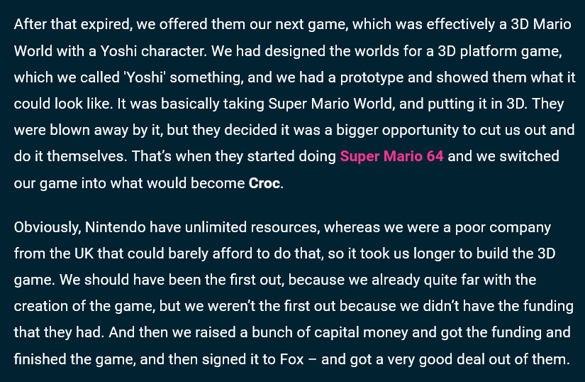 ForestLassman's tweet photo. @thecamwing My favorite story is one of the devs saying Nintendo took the original idea of Croc to make Super Mario 64 https://t.co/GCAClWqRbl