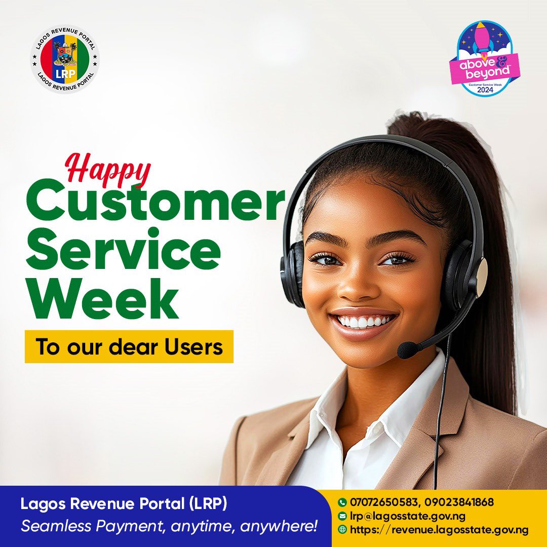 Happy Customer Service Week 2024!!

As we celebrate Customer Service Week 2024, we want to recognize and appreciate you, dear payers. Your satisfaction remains our top priority!

#LRP
#CustomerServiceWeek
#CSW2024
#LagosStateGovernment
#GreaterLagosRising