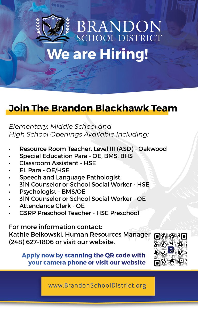 Join the Brandon Blackhawk Team! We have a number of open positions. Visit our website for more information and to start the application process:
brandonschooldistrict.org/index.php/job-…