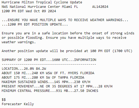 NHC_Atlantic's tweet photo. 12PM #Milton Position update: Have multiple ways to receive weather warnings throughout the event. Visit https://t.co/tW4KeGe9uJ for the latest https://t.co/wt7WldRSql