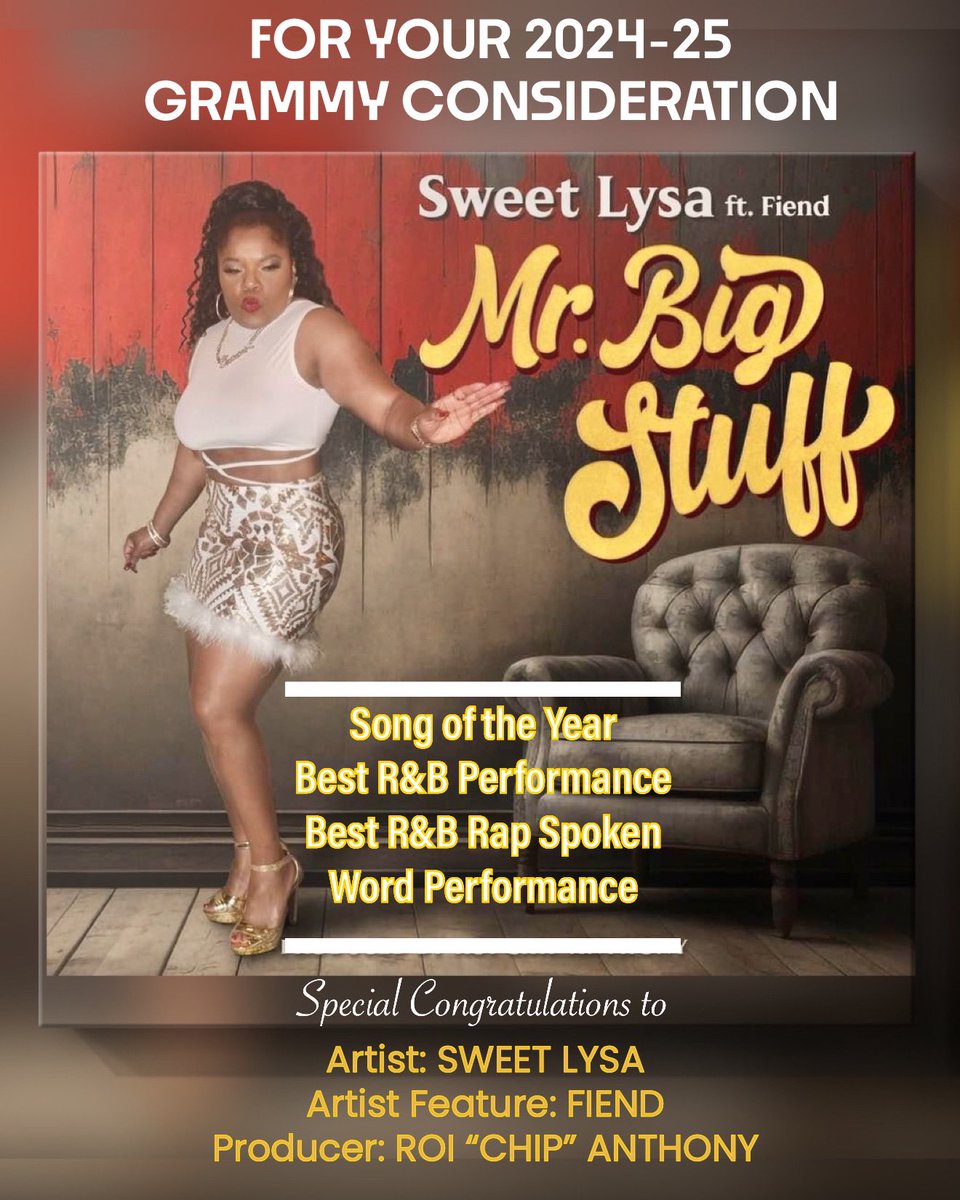 FIEND4DAMONEY's tweet photo. What up Twitter fam? Vote 🗳️ and help us bring this Grammy home!!!! #grammy @sweet_lysa_official @roichipofficial Rest in Peace #JeanKnight #MrBigStuff #southernsoul https://t.co/aCLtW7OQTg