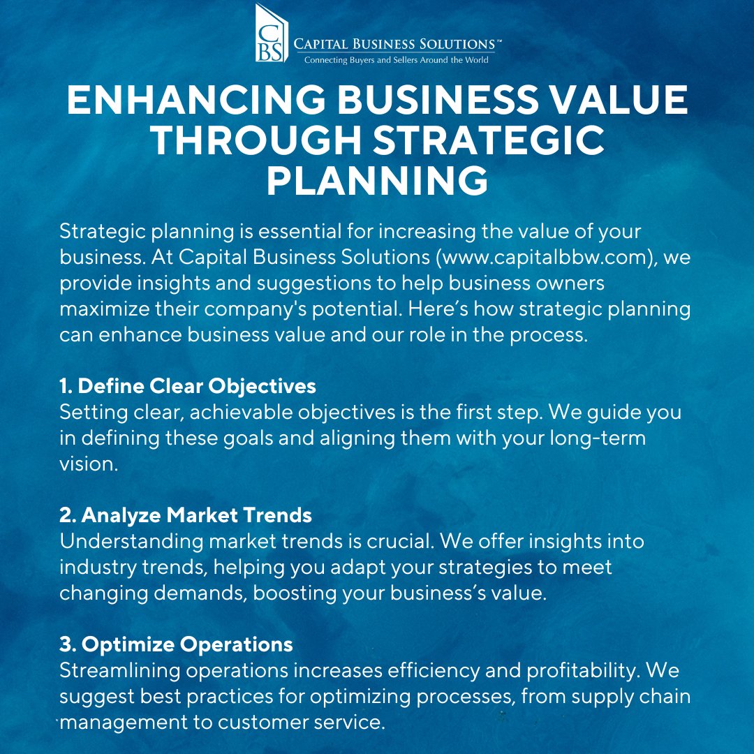 CBSBizBrokers's tweet image. Elevate your business’s potential with strategic planning! From clear objectives to growth strategies, Capital Business Solutions is here to guide you every step of the way. 
Learn more: youtube.com/watch?v=8-vJ6L…
.
.
.
.
#BusinessGrowth #StrategicPlanning #IncreaseValue