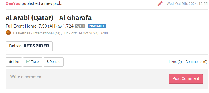 QeeYouBet's tweet photo. Arab Championship🌐

🏀Al Arabi (Qatar) - Al Gharafa

Pick : Al Arabi (Qatar) -7,5

Mise : 1%

Dispo parmi les site recommandés ici: https://t.co/Cgb3J6ilNQ

Un maximum de #RT🔁#FAV ❤️pour soutenir et si vous suivez.

#TeamParieur https://t.co/2F7xBeAXzU