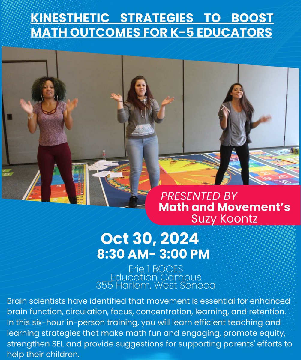 Elementary teachers: join us on Oct 30th for a Math and Movement workshop! Incorporating movement into math helps with student engagement, learning, behavior and health. Registration mylearningplan.com/WebReg/Activit…