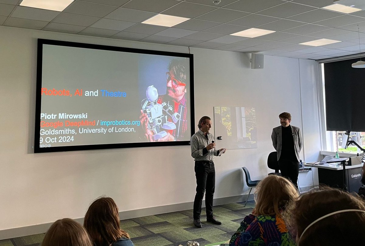 musicmindbrain's tweet photo. Incredible talk on human-AI co-creation in theatre and live improvisation by Piotr Mirowski @DeepMind in the first Whitehead lecture of the year @GoldsmithsPsych @MirowskiPiotr https://t.co/PU4LFhChlo