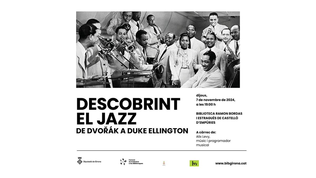 bibliocastello's tweet photo. 📅👉 Us esperem aquest vespre, a les 19:00 h.
🎹🎺A la conferència "Descobrint el jazz. De Dvořák a Duke Ellington".
🗣🎤 A càrrec del programador musical Alix Levy.
📚📀 No us la perdeu!

#bibliocastello @bibgirona @bibliotequescat @Emp_Castello @Castello_Emp https://t.co/emxfvBgLuQ