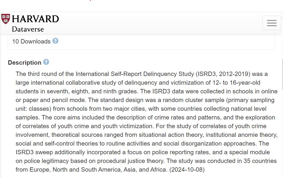 The data of the 3rd sweep of the International Self-Report Delinquency Study (ISRD3) is now open and available in Harvard Dataverse. doi.org/doi:10.7910/DV…