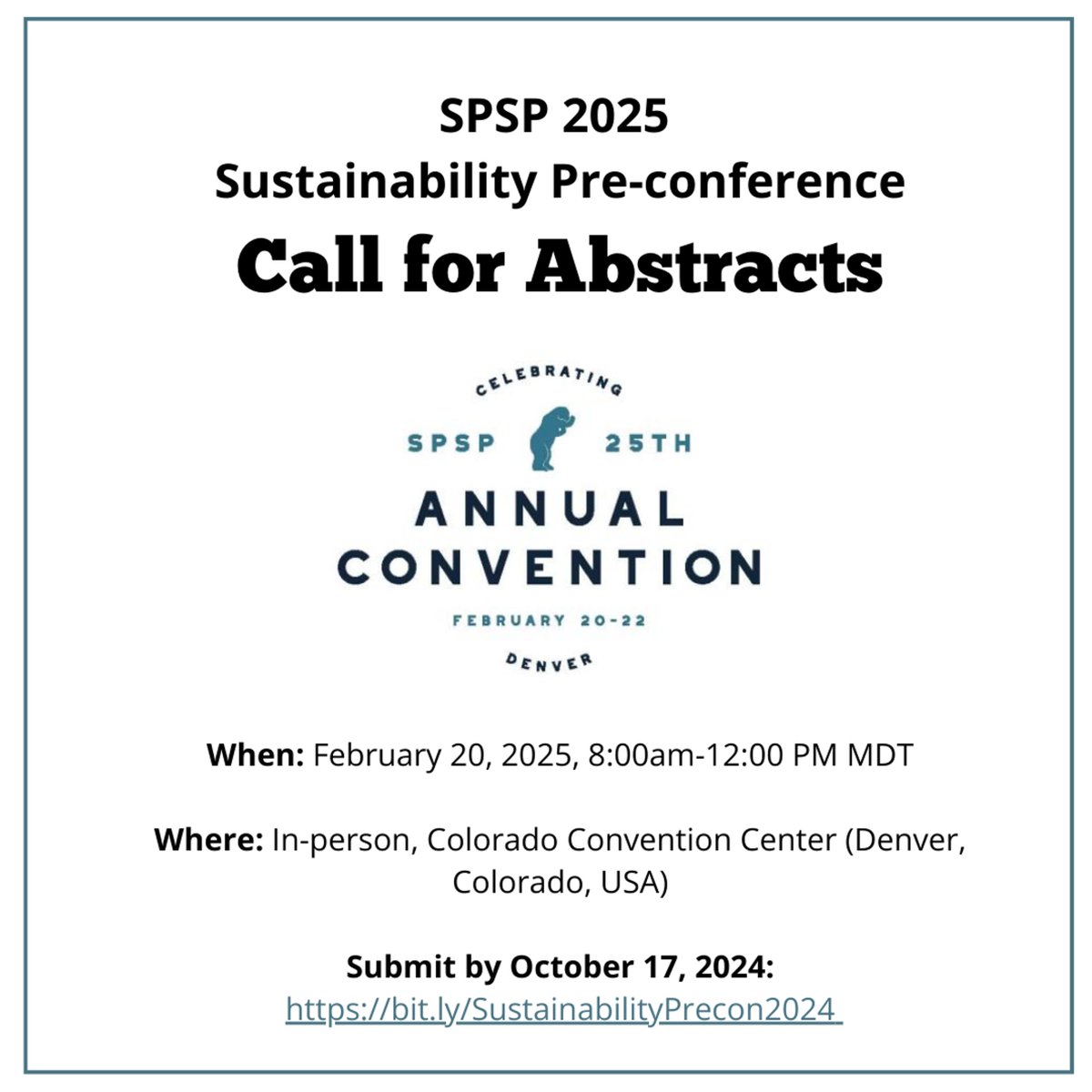 Just two weeks left to submit your abstract for the SPSP Sustainability Preconference on Feb. 20, 2025 in Denver! Join us for insights on environmental justice, sustainable policy, infrastructure, and behavior change. Abstracts due Oct 17: bit.ly/Sustainability….