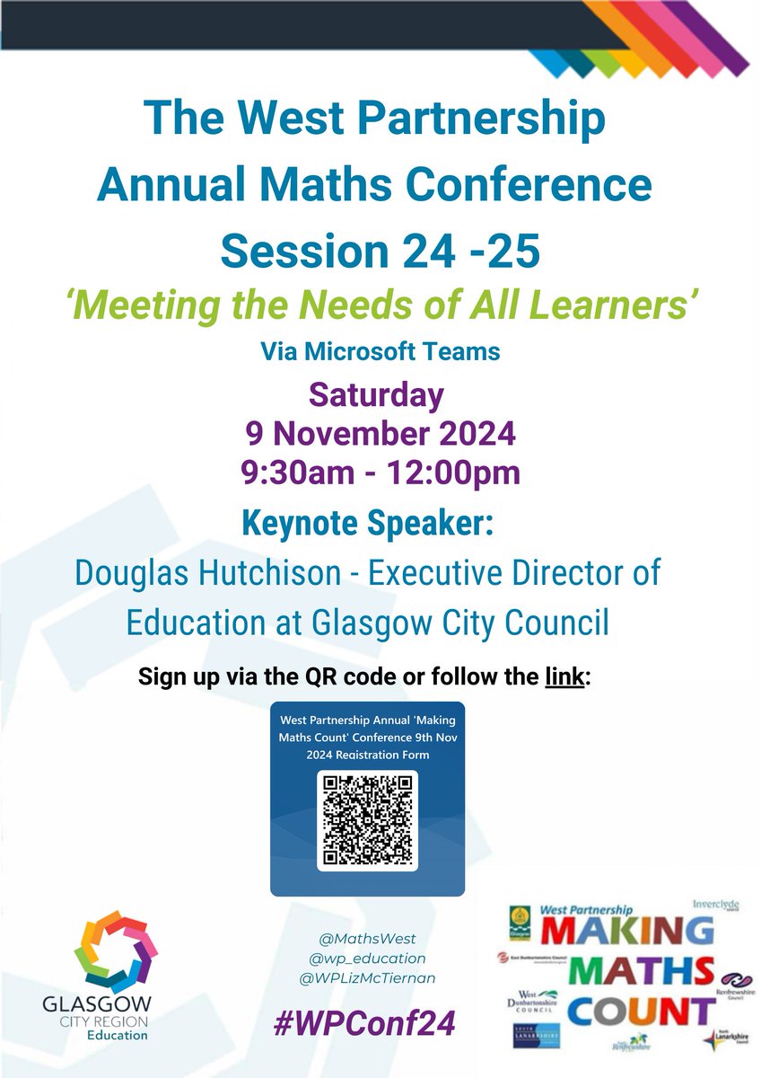West Partnership (@wp_education) on Twitter photo Sign up for our Annual Maths Conference is now open! Please see the poster below for details of how to register or, follow this link:
forms.office.com/e/uWaWM7Vmvg
<a href="/WPLizMcTiernan/">Liz McTiernan</a> <a href="/MathsWest/">West Partners Maths</a> <a href="/Doug_GCC/">Douglas Hutchison</a> Sign up for our Annual Maths Conference is now open! Please see the poster below for details of how to register or, follow this link:
forms.office.com/e/uWaWM7Vmvg
<a href="/WPLizMcTiernan/">Liz McTiernan</a> <a href="/MathsWest/">West Partners Maths</a> <a href="/Doug_GCC/">Douglas Hutchison</a>