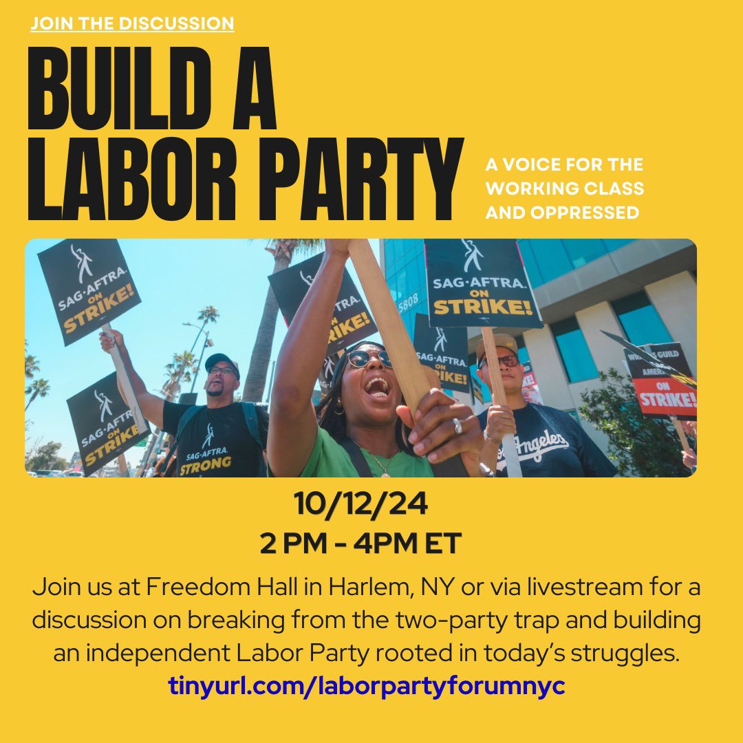 FSP_US's tweet photo. Hear more from our panelists about the need to build a voice for the working class and oppressed at the 10/12 Labor Forum: Build A Labor Party. Register to join the discussion via livestream or in person in Harlem, New York:  https://t.co/GX3nQ4MGBY
#laborpartynow https://t.co/B0igB50i7B
