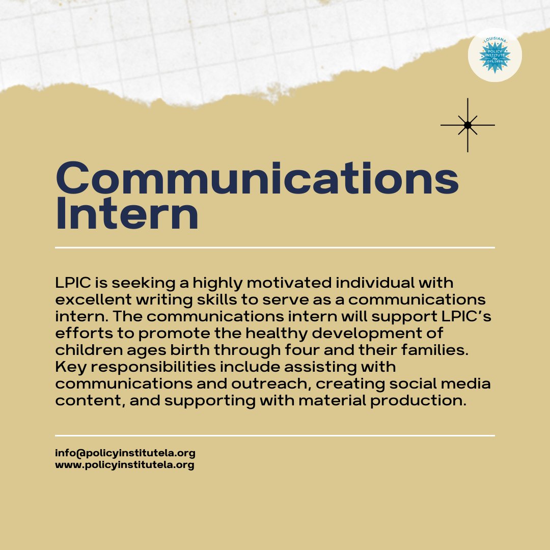 PolicyInstLA's tweet photo. 📢 We're Hiring! Join the LPIC Team! 🌟

Looking to make a difference in the lives of Louisiana’s children and families? We are seeking passionate individuals to fill the following positions:

✨ Communications Intern
📊 Research &amp; Policy Intern
📚 Research &amp; Policy Fellow https://t.co/zlnF8kmuQS