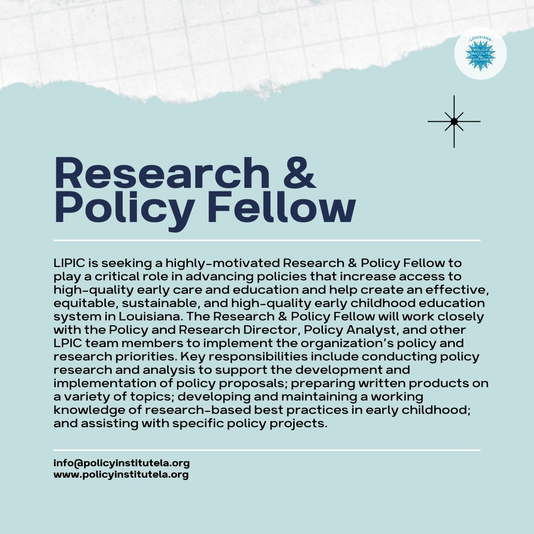 PolicyInstLA's tweet photo. 📢 We're Hiring! Join the LPIC Team! 🌟

Looking to make a difference in the lives of Louisiana’s children and families? We are seeking passionate individuals to fill the following positions:

✨ Communications Intern
📊 Research &amp; Policy Intern
📚 Research &amp; Policy Fellow https://t.co/zlnF8kmuQS