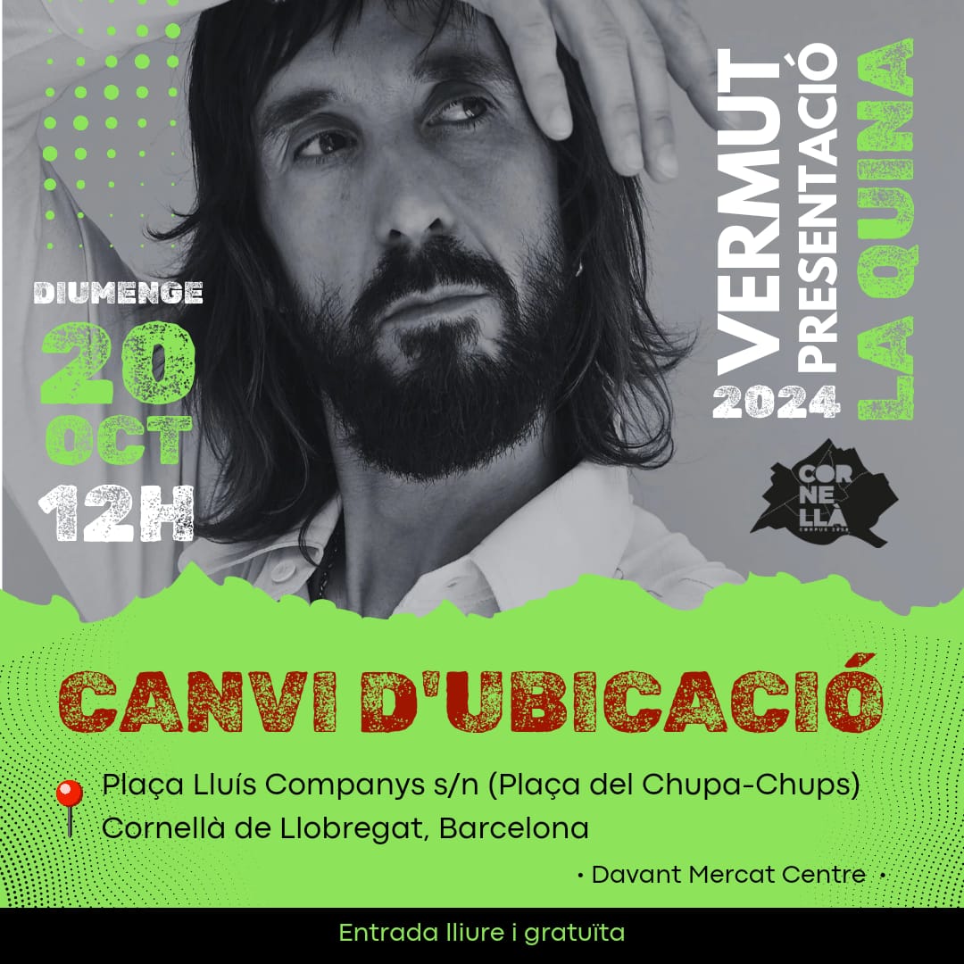 PAY ATTENTION! 📣

Us informem que hem de canviar d'ubicació el vermut del dia 20. La mateixa festa, les mateixes ganes i el mateix Star System, però a la Plaça Lluís Companys [AKA Plaça Xupa Xups]. 

Vinga, que <a href="/axelpicavallero/">Axel Pi</a> i companyia us esperen! 💫
