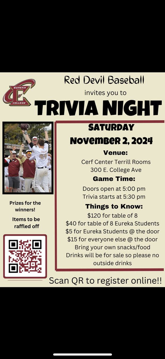 November 2nd is our annual Trivia Night!! Come out and support the Eureka College Baseball Team!