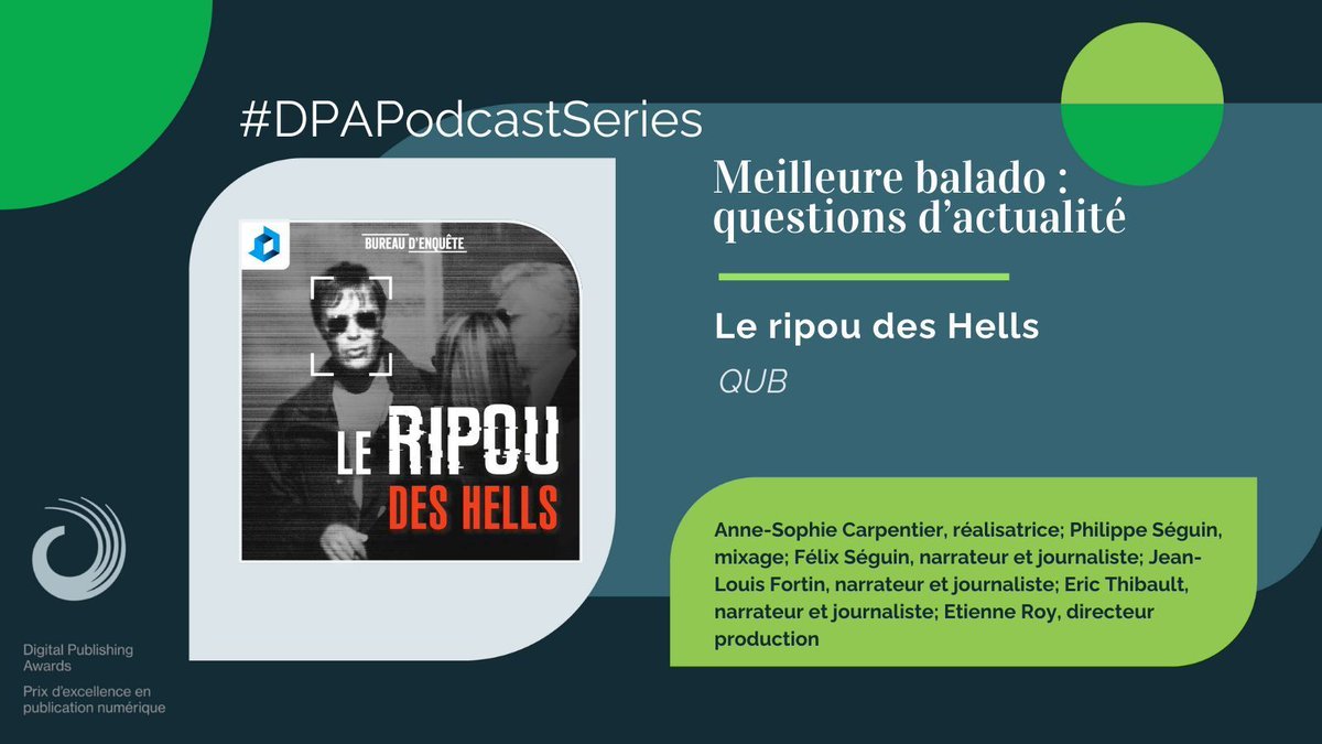 Digital Publishing Awards 🇨🇦 (@dpawards) on Twitter photo Qu'est-ce qui a poussé Benoit Roberge à trahir son organisation et à causer des dommages irréparables à la société ? Comment est-il devenu le ripou des Hells Angels ?
Ne manquez pas ce bijou de balado, animé par <a href="/felixseguin/">Félix Séguin</a> 🎧: buff.ly/3XDcdiI
#DPAPodcastSeries Qu'est-ce qui a poussé Benoit Roberge à trahir son organisation et à causer des dommages irréparables à la société ? Comment est-il devenu le ripou des Hells Angels ?
Ne manquez pas ce bijou de balado, animé par <a href="/felixseguin/">Félix Séguin</a> 🎧: buff.ly/3XDcdiI
#DPAPodcastSeries
