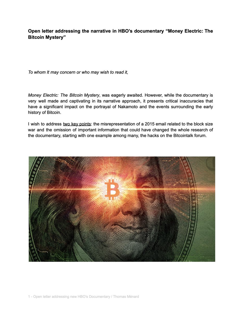 MevenRekt's tweet image. 📣 Open letter on @HBO&apos;s documentary about #Bitcoin

I recently watched Money Electric: The Bitcoin Mystery on HBO, and while it&apos;s a very well-realized production overall, I thought it essential to point out a few important omissions and inaccuracies. ⬇️