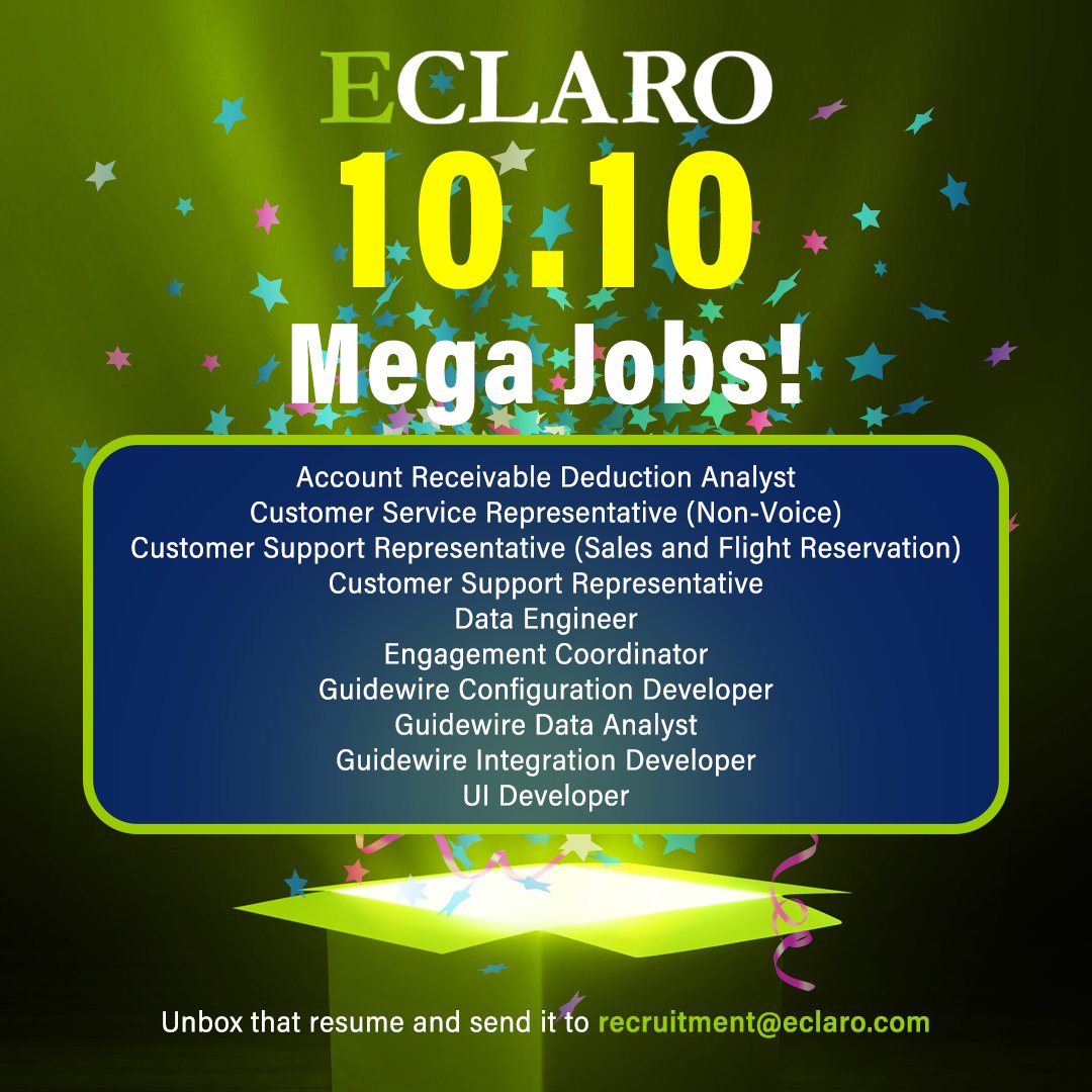 EclaroPh's tweet photo. Ready for a career upgrade this 10.10?

We’re hiring plenty of talents to join our dynamic teams. 

Seize the opportunity and apply now!

Send your resumes to recruitment@eclaro.com today.

Don't forget to mention X as your source! 😉

#ECLAROPh #ECLAROJobs #1010 #CareerGoals https://t.co/2L9R5N4tbQ