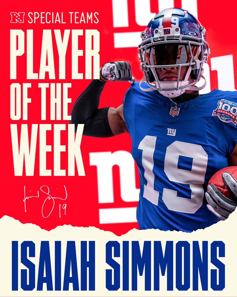 Giants's tweet photo. Isaiah Simmons is the NFC Special Teams Player of the Week ‼️

Details: https://t.co/BxLPSojEWq https://t.co/wDaEh48Odl