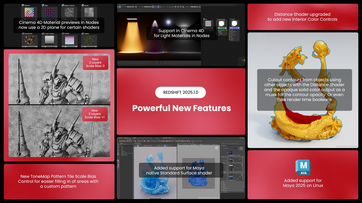📣 #Redshift 2025.1 has arrived with some new features. The October Release includes updates to the Distance shader, Toon Tonemap Pattern shader, Cinema 4D Nodes, &amp; more. 🎉 
More details here 👉 maxonvfx.com/4eGm7FR

Dragon Model by Artec3D