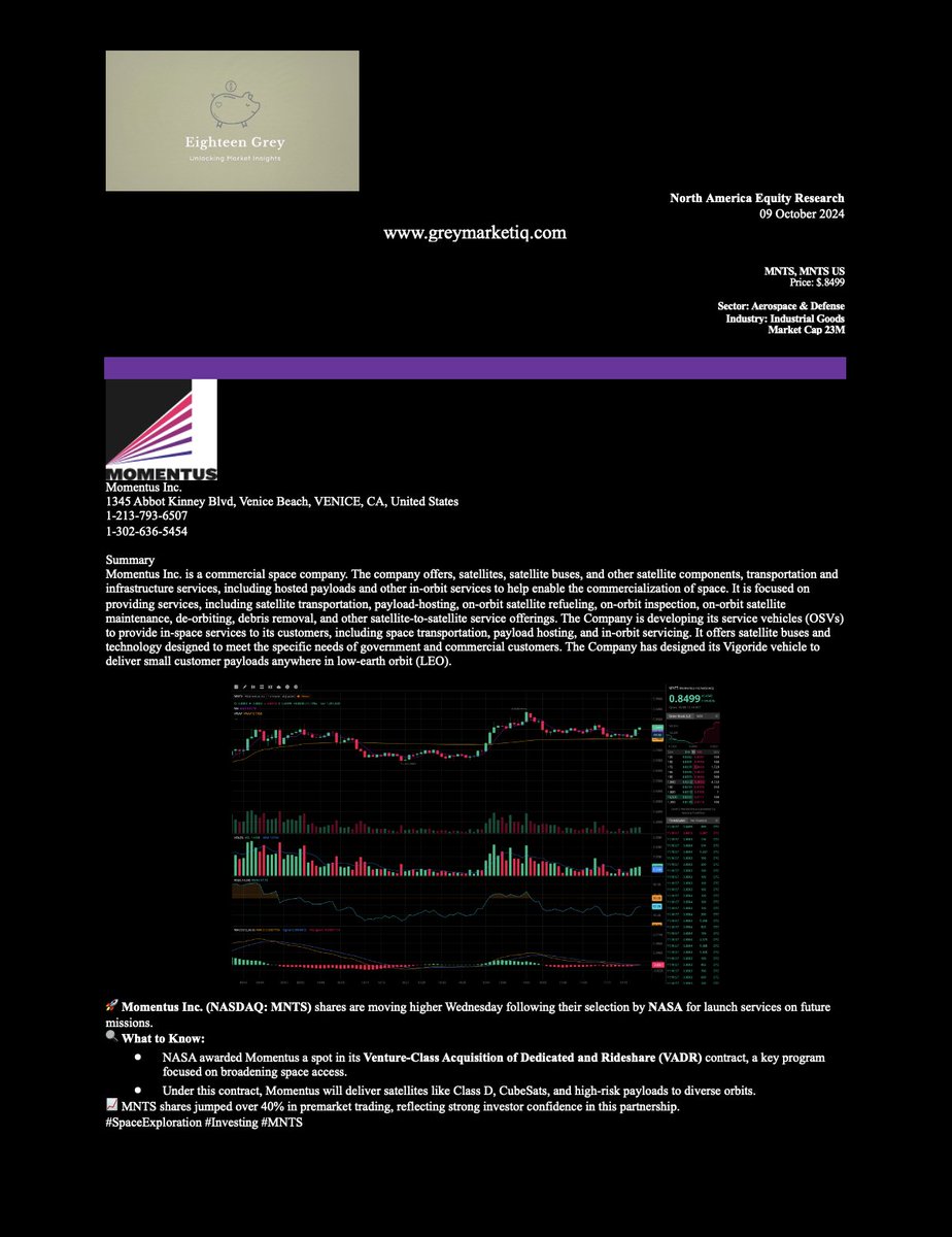 🚀 Momentus Inc. (NASDAQ: MNTS) shares are moving higher Wednesday following their selection by NASA for launch services on future missions.
🔍 What to Know:
NASA awarded Momentus a spot in its Venture-Class Acquisition of Dedicated and Rideshare (VADR) contract, a key program.