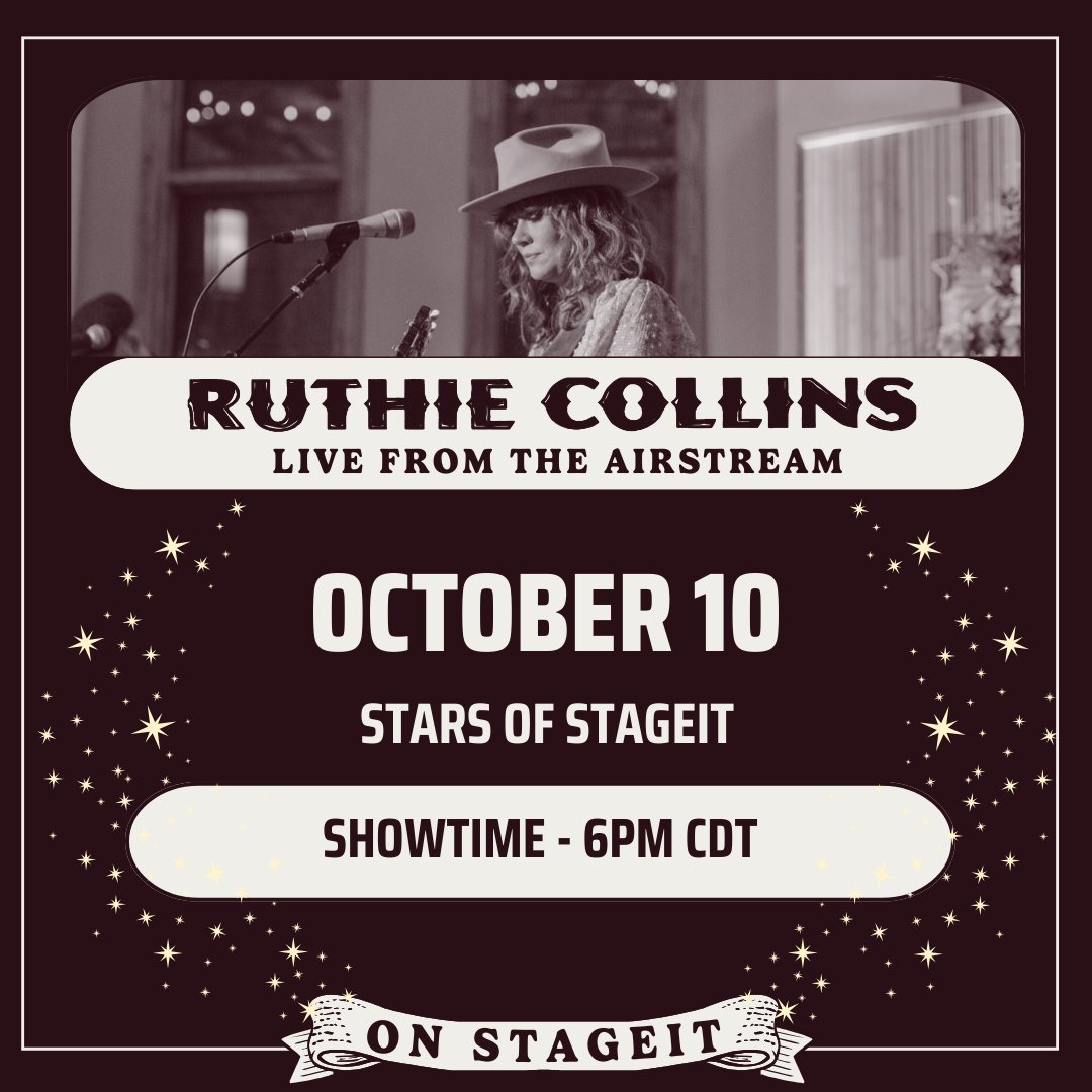 Hi, my loves!😍I am playing another @stageit show TOMORROW. I will be honoring some StageIt stars and fellow songwriters by playing some of their beautiful songs!🤩 I can't wait to see you all there! Tickets are 'pay what you can' at the link. stageit.com/ruthiecollins