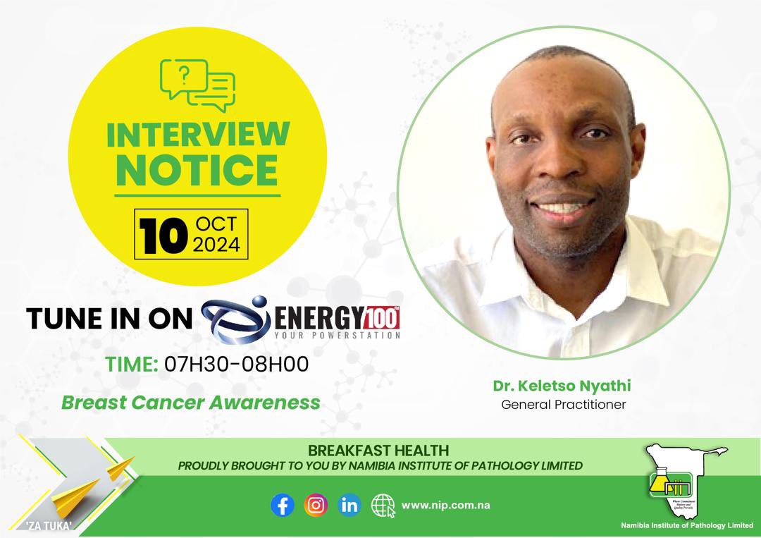 Join our Breakfast Health Talk tomorrow, 07h30, on breast cancer by Dr. Keletso Nyathi. 

Dr Nyathi is a seasoned General Practitioner based in Windhoek and the owner of Maerua Medical Centre which provides comprehensive family care. 

Knowledge is power!