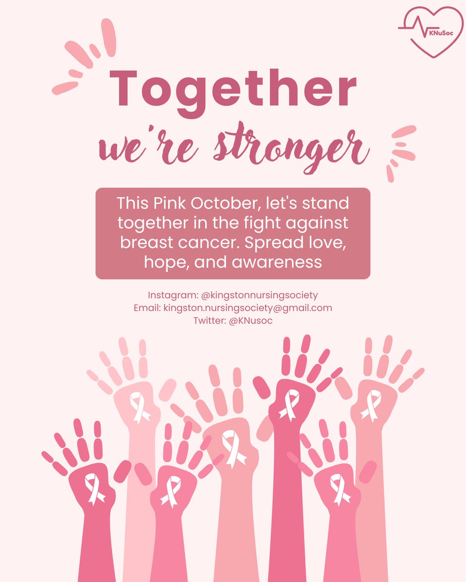 KNuSoc's tweet photo. October is Breast Cancer Awareness Month! 🎀 1 in 8 women will face breast cancer, but early detection saves lives. Schedule a mammogram, do self-exams, and watch for any changes. Together, we can raise awareness and save lives. 🩺✨ #BreastCancerAwareness #ThinkPink https://t.co/ra0afPC6jh