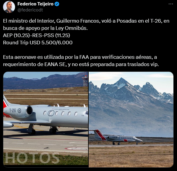 Modo_S_'s tweet photo. 👉Al igual que Sergio Massa, el ministro Francos utiliza aviones destinados a la verificación aérea para vuelos políticos.
08-OCT LJ60 #T11 AEP (17:18) - COR (18:32) / COR (22:20) - AEP (23:20)
Diferentes gobiernos... mismos hábitos #CastaVIP https://t.co/JxLsSDIptf
